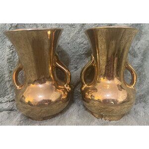 Vintage Pearl China Co USA Hand Decorated Etched 22 KT Gold Vases Dual Handles